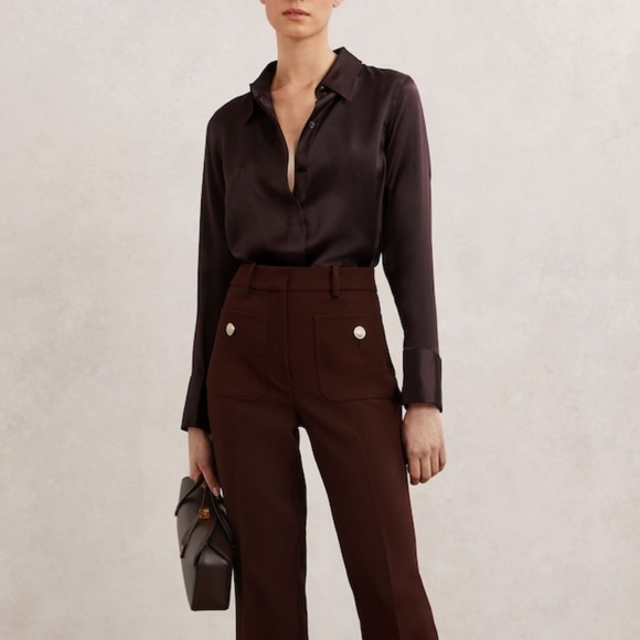 Big Sale! Reiss Silk Satin Concealed-Placket Shirt in Burgundy - Picture 2 of 9